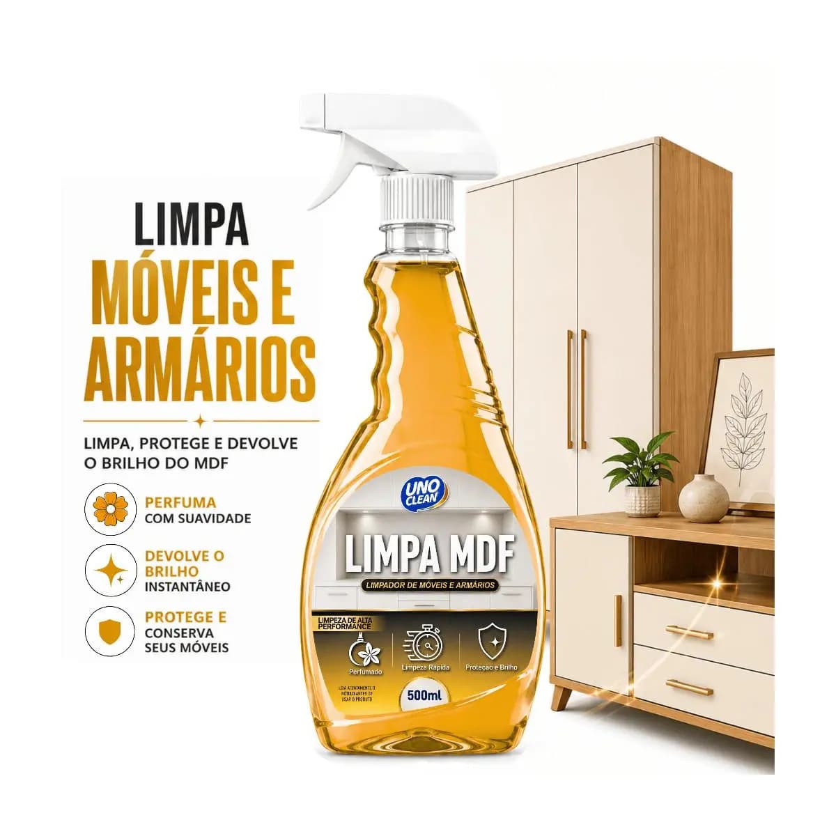 Limpa MDF 500ml Spray Perfumado Limpeza Rápida Móveis Armários Remove Sujeira Gordura Não Danifica