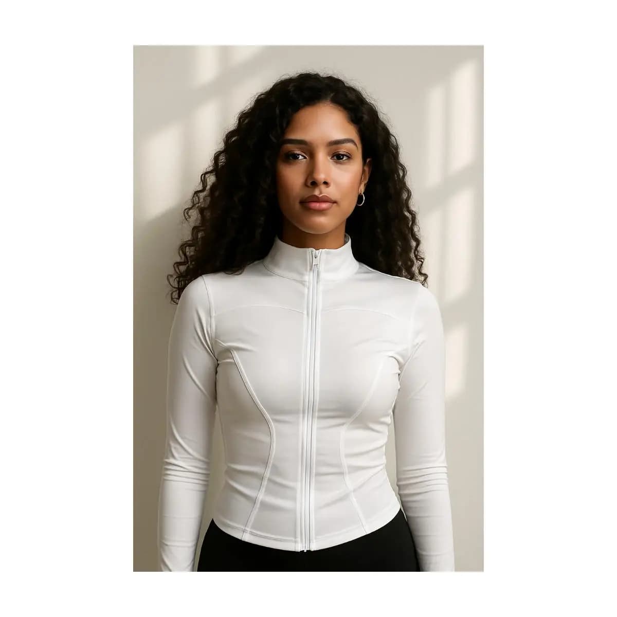 Blusa manga longa feminina roupa fitness de suplex modeladora com ziper casaco esportivo yoga gola alta elegante justa
