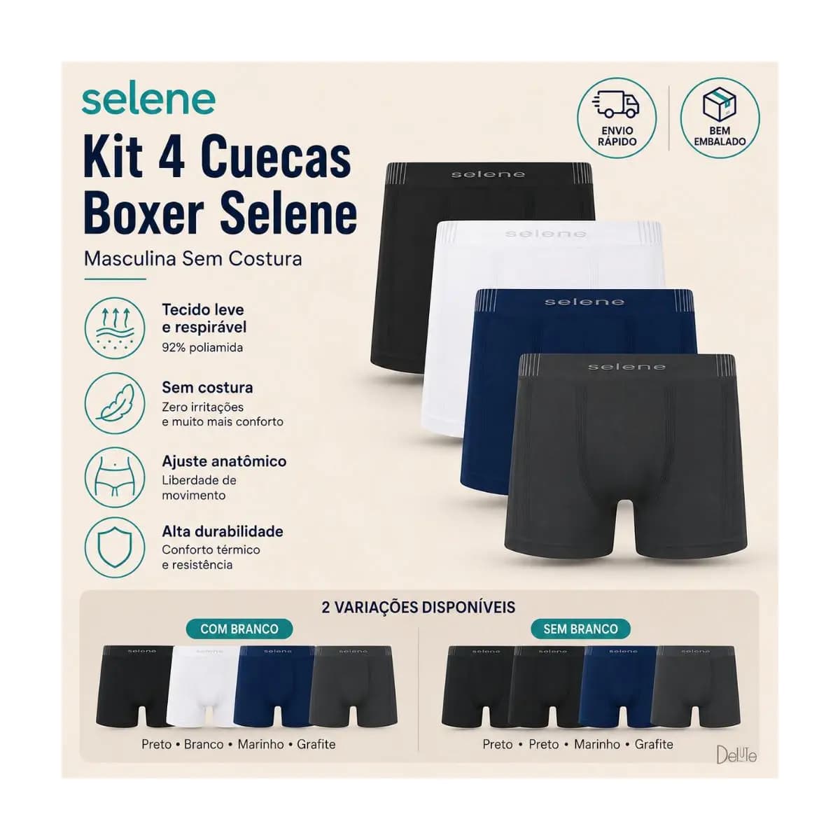 Kit 4 Cuecas Boxer Selene Masculina Sem Costura Poliamida Original Macias Confortáveis Dia a Dia