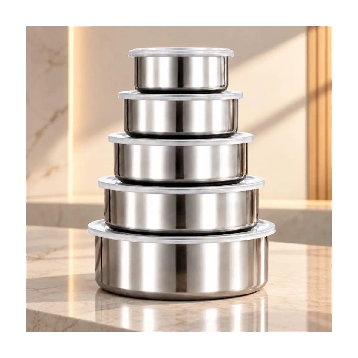 Kit 5 Tigelas Inox Com Tampa Potes Redondos 250ml a 1200ml Jogo de Pote Hermético Cozinha