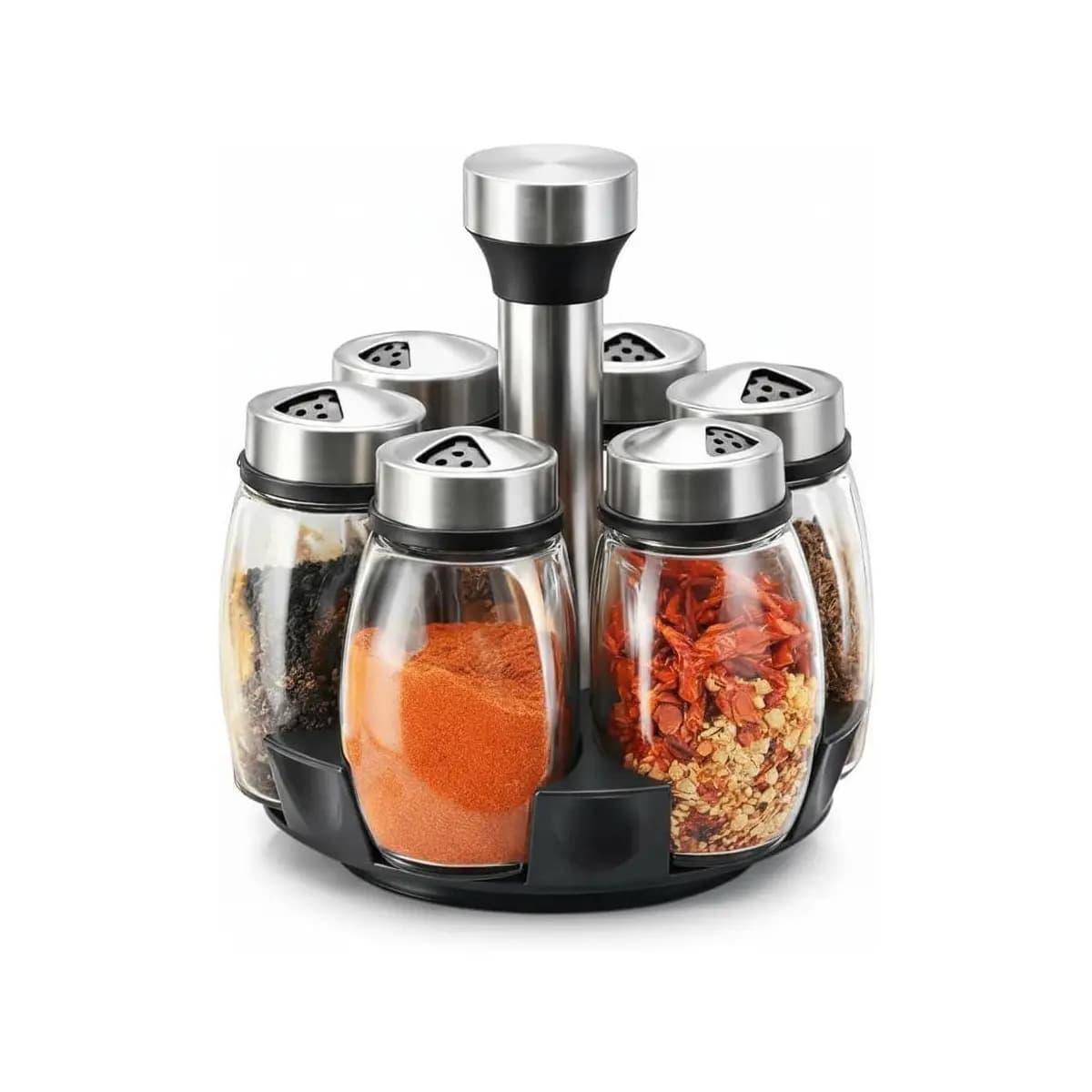 Kit com 6 Potes de Vidro, Jogo de Frascos para Temperos com Tampa Inox e Suporte Giratório – Organização e Praticidade na Cozinha Premium