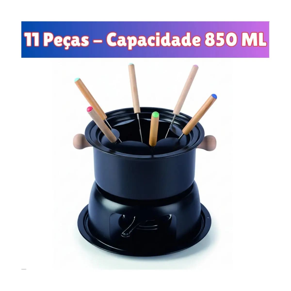 Aparelho de Fondue 11 Peças Aço Carbono com Garfinhos e Rechaud Queimador Para Queijo e Chocolate