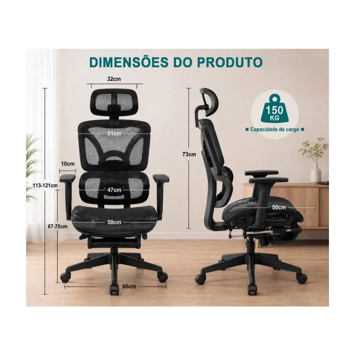 Cadeira Presidente Ergonomica Escritorio Mesh Reclinavel Com Apoio De Pes Retratil E Apoio De Cabeça
