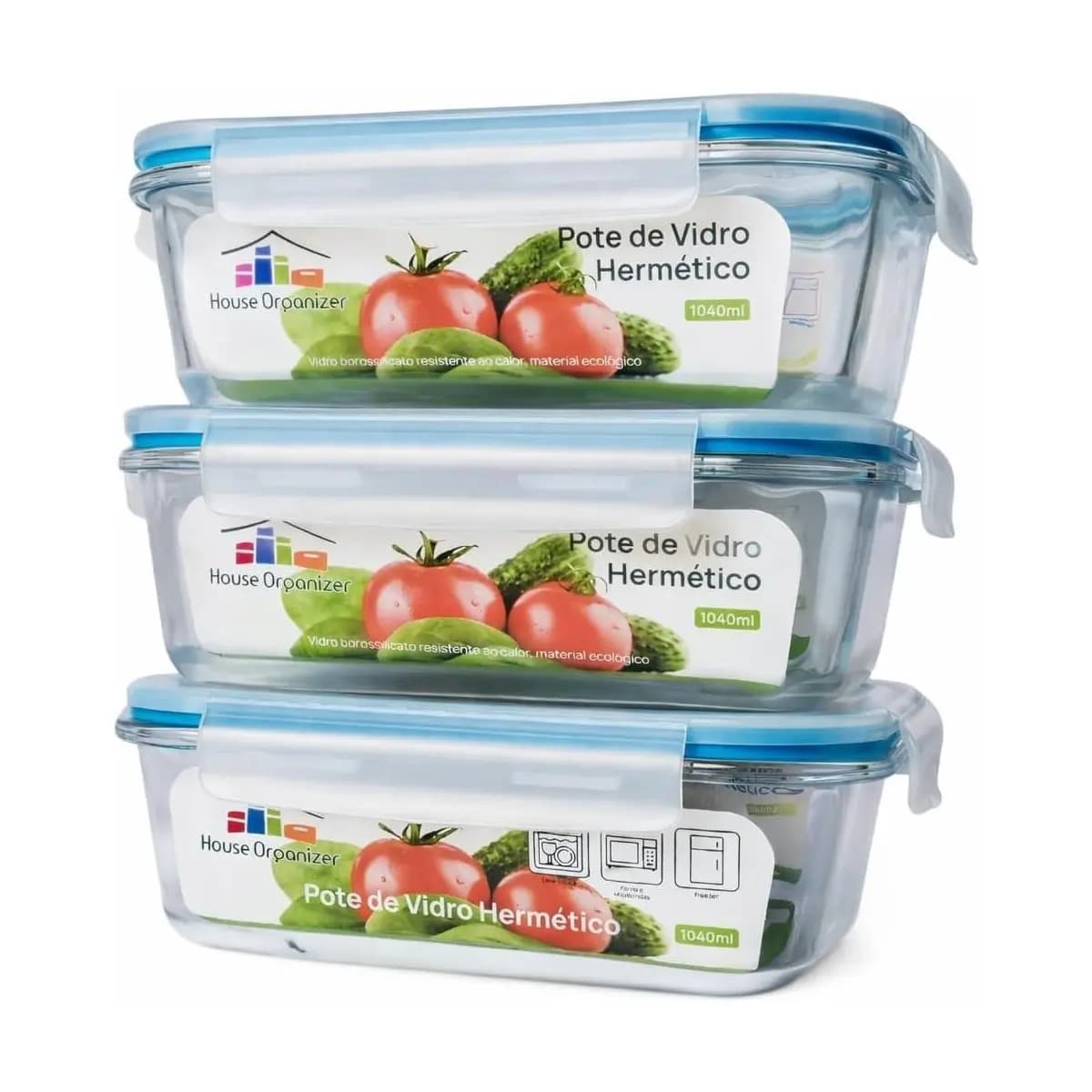 House Organizer Conjunto Kit 3 Potes de Vidro Hermetico com Tampa 1040ml