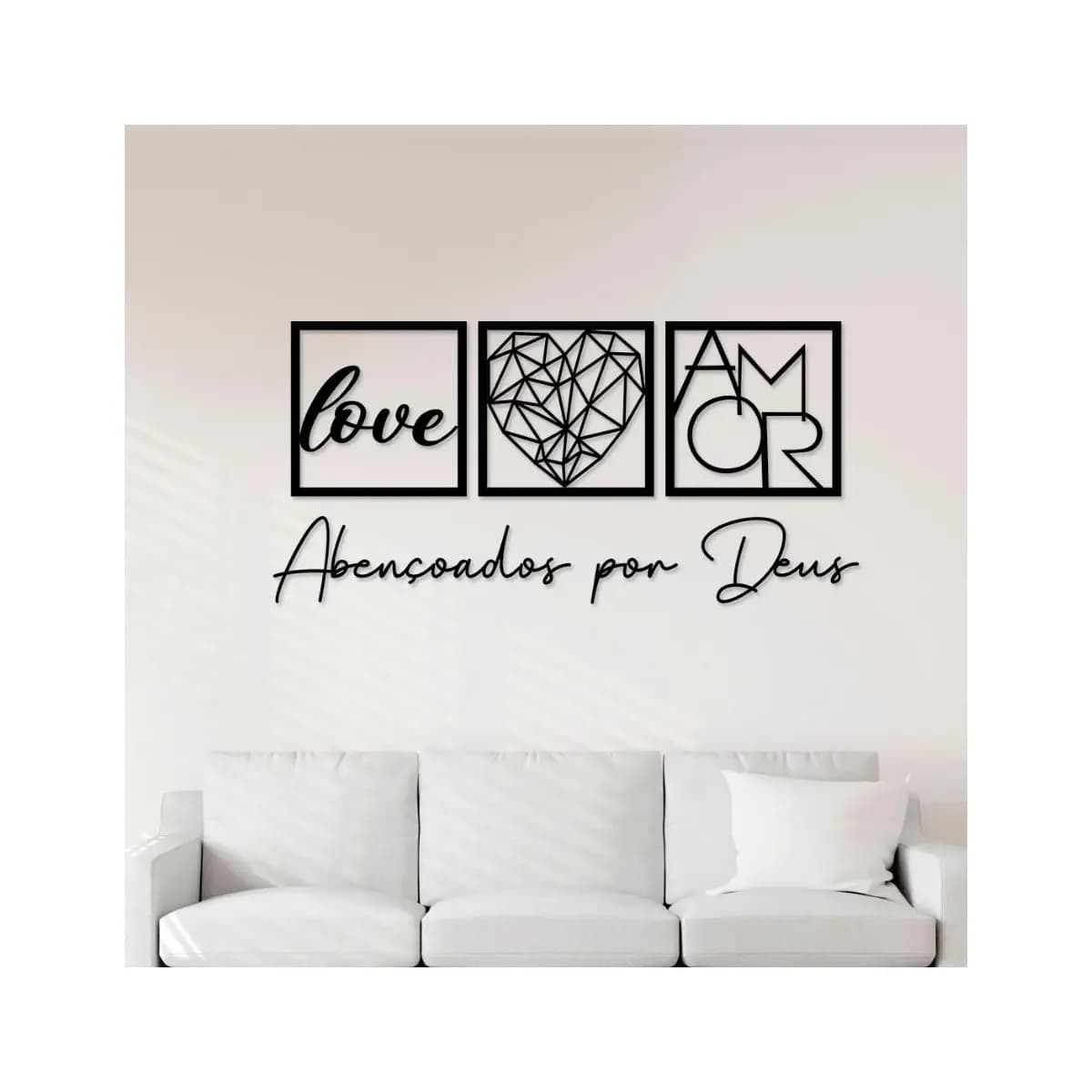 Kit com 3 Quadros Decorativos + Frase Abençoados por Deus - Decoração para Sala e Quarto em mdf