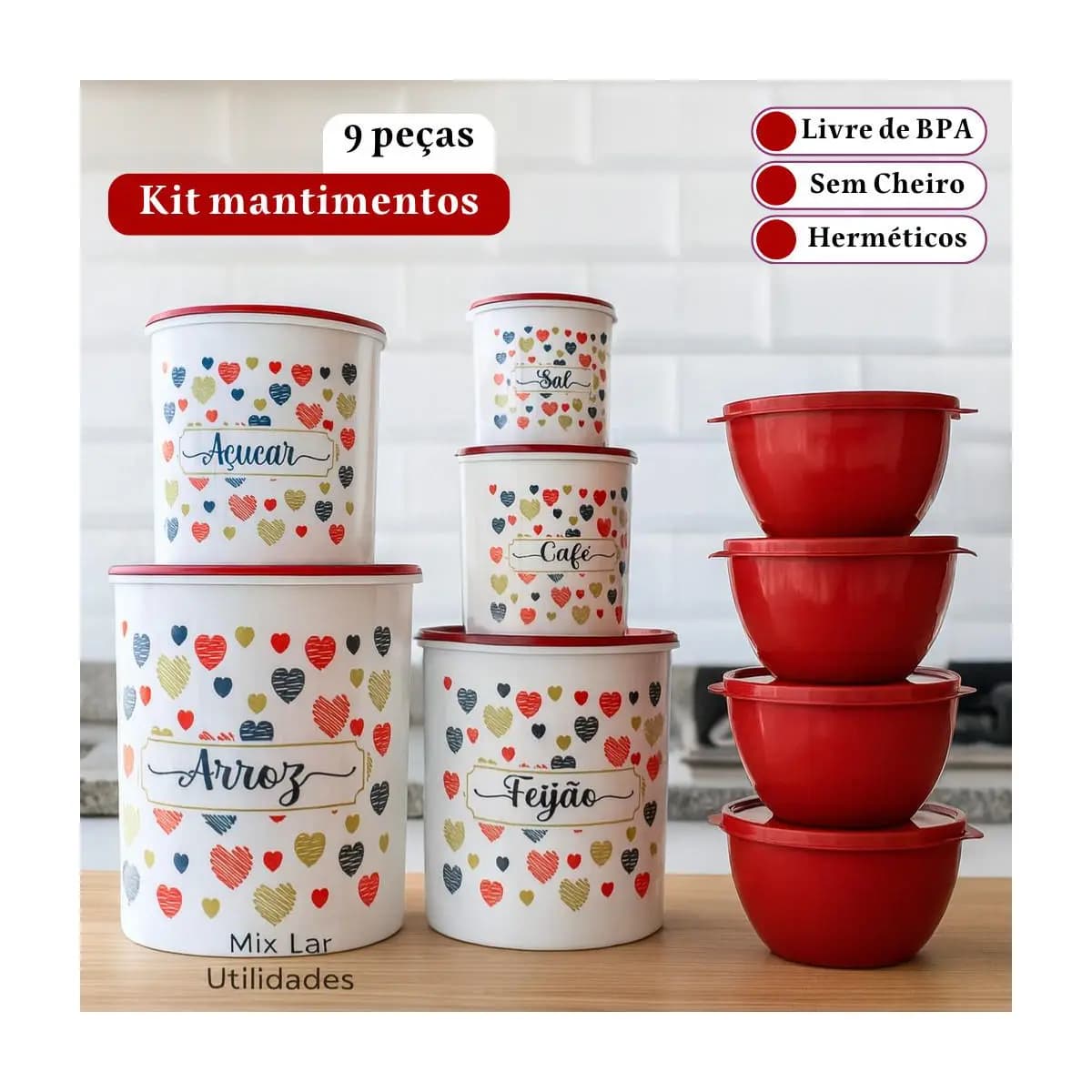Kit de potes mantimentos 5 peças + 4 potes Boll redondos para cozinha