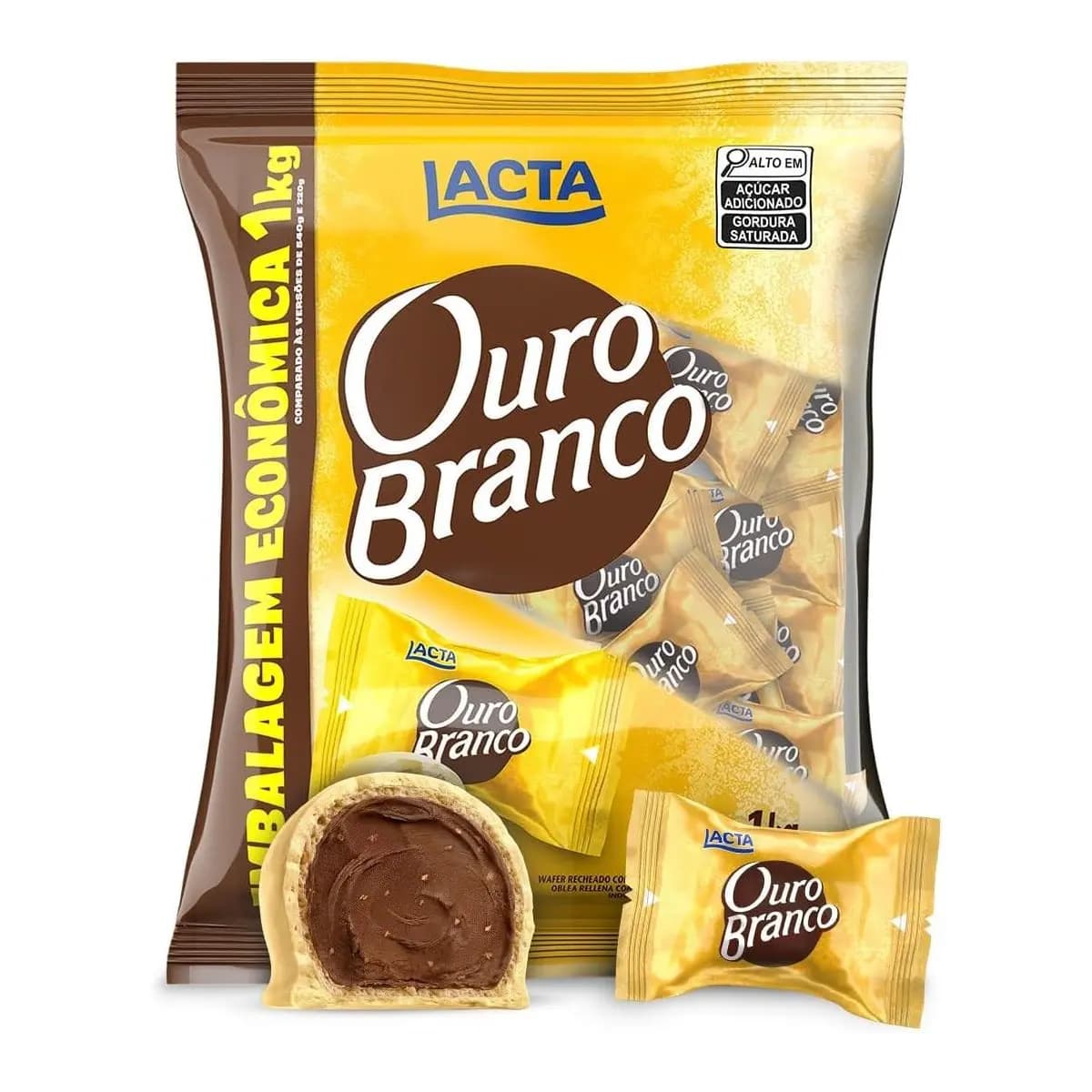 Lacta Ouro Branco - Wafer Recheado Sabor Chocolate Branco Pacote 1kg