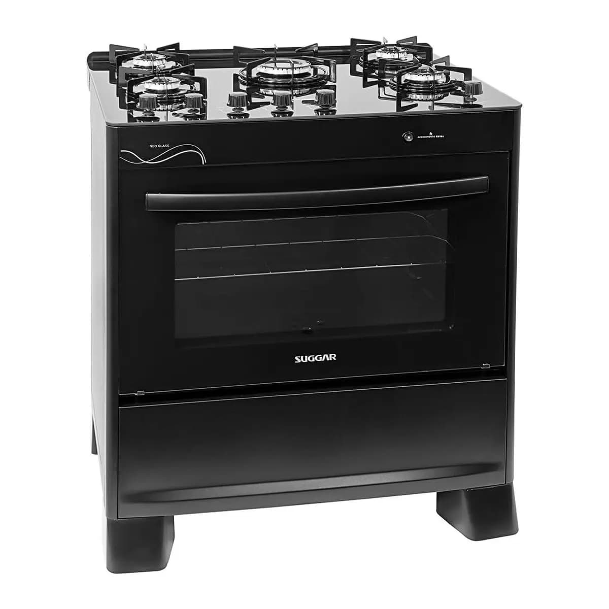 SUGGAR FOGÃO NEO GLASS PRETO MESA DE VIDRO 5 BOCAS TREMPE 6 APOIOS ACENDIMENTO AUTOMÁTICO FGVNG510PT