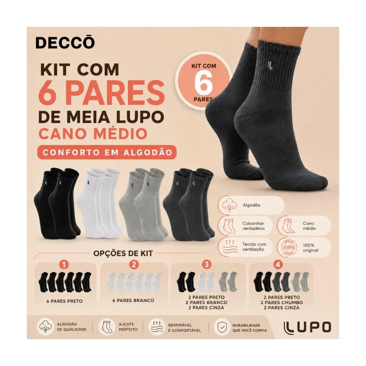 Kit Com 6 Pares De Meias Lupo Sport Cano Médio Esportiva Adulto Em Algodão
