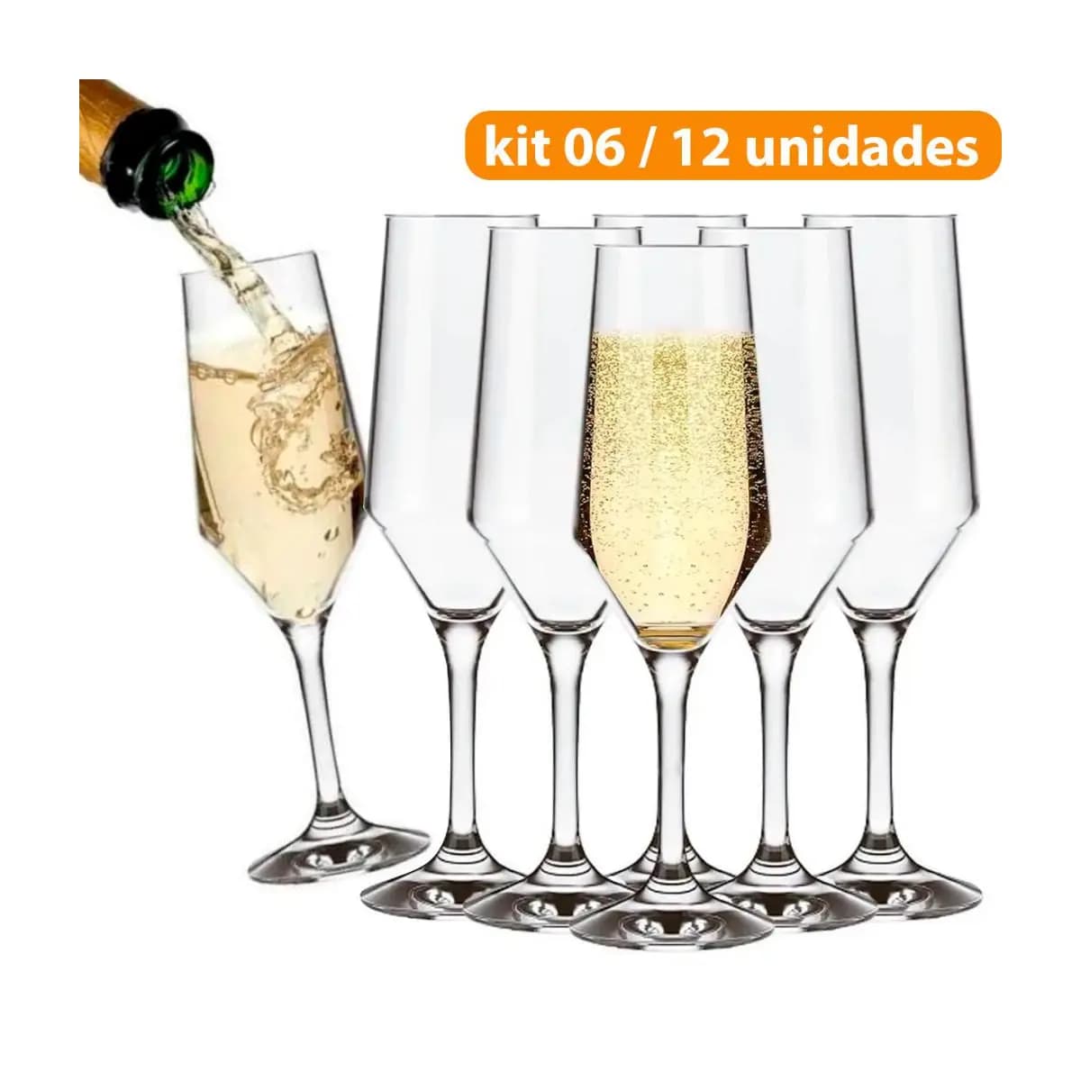 Kit Jogo 12 /06 Taça Vidro Cristalino Buffet 186ML Champanhe Espumante Vinho Branco Bar Restaurante