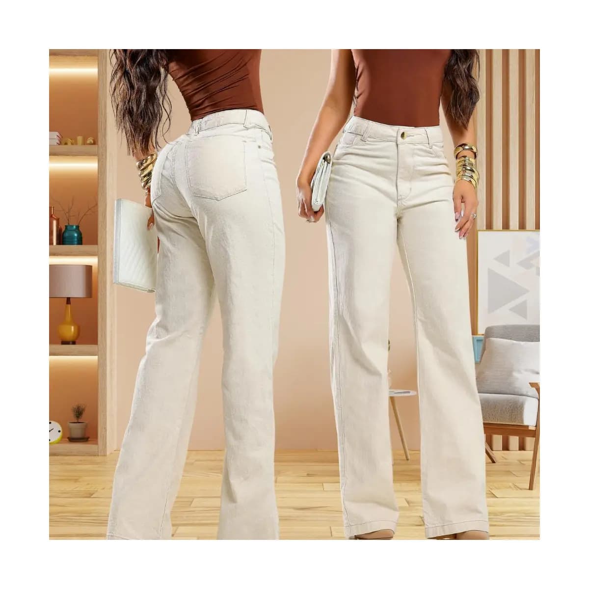 Calça Feminina Wide Leg Areia Delicada 100% algodão Cintura Alta Levanta Bumbum Perfeita