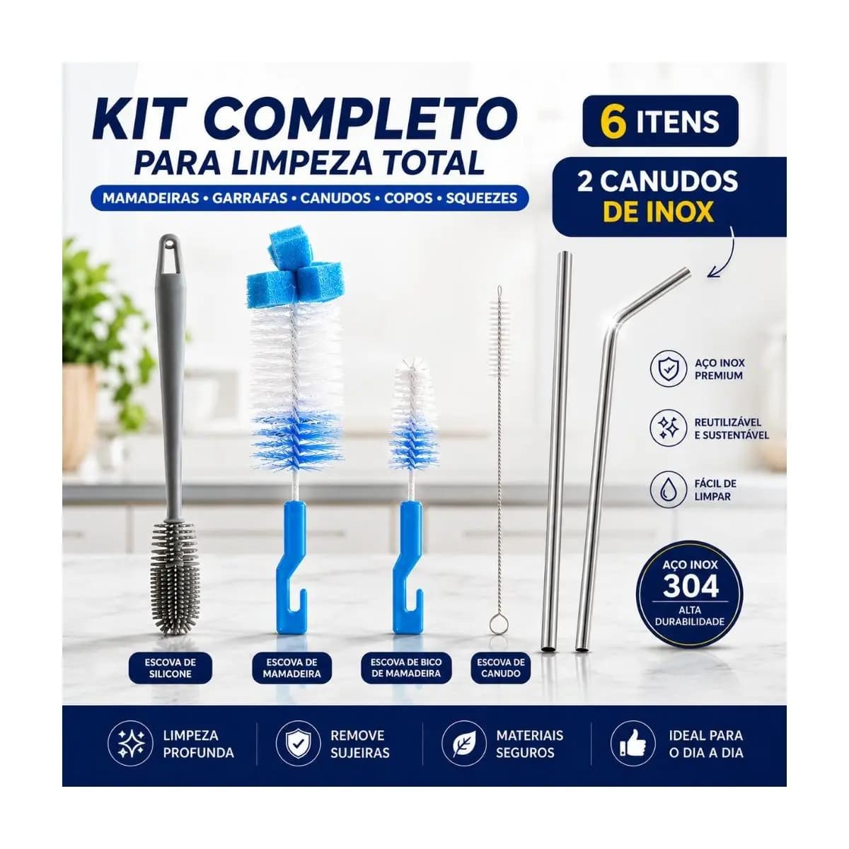 Kit 4 Escovas Para Lavar Louça Garrafa Copo Mamadeira Canudo