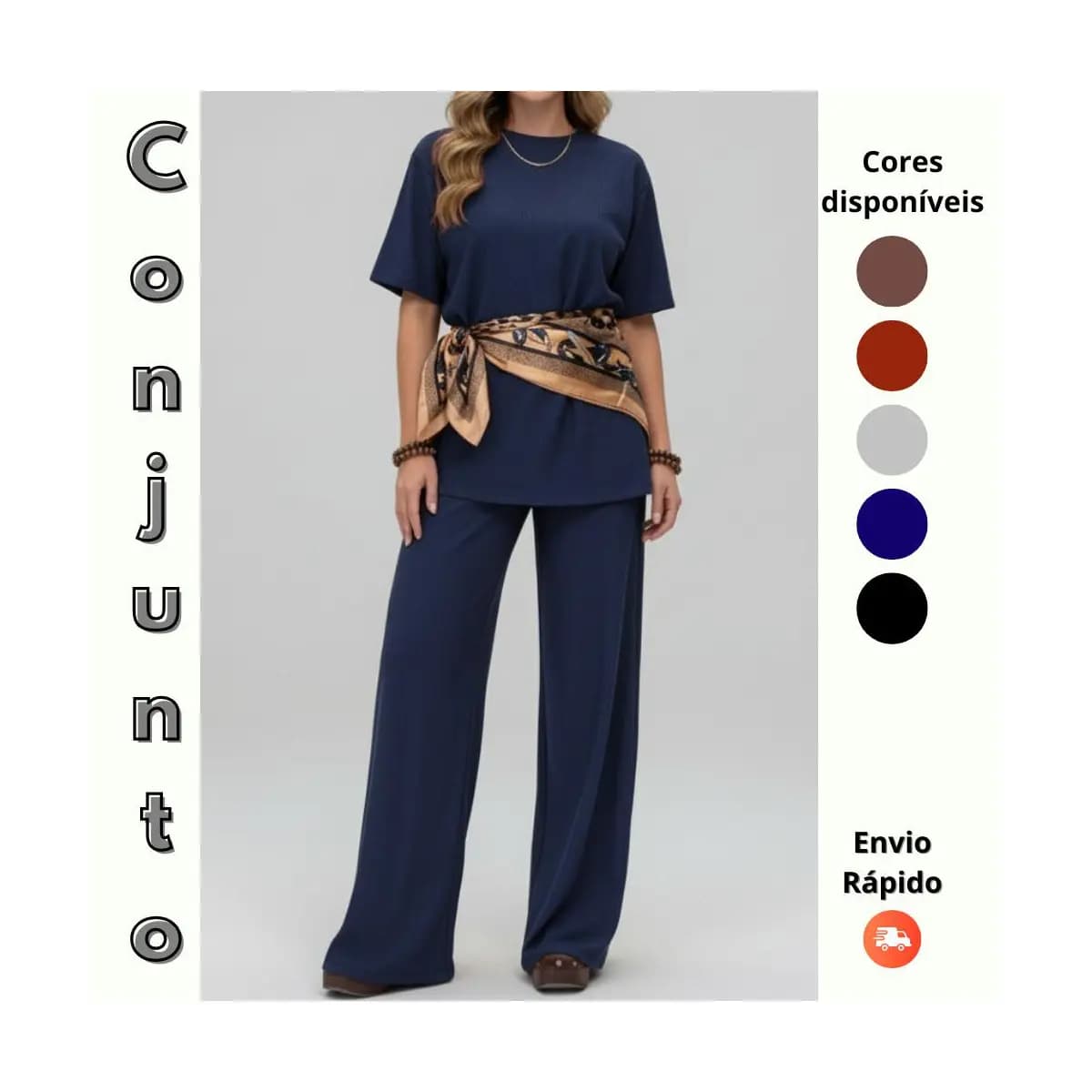 Conjunto Feminino Calça Pantalona com Blusa feminina Manga Curta