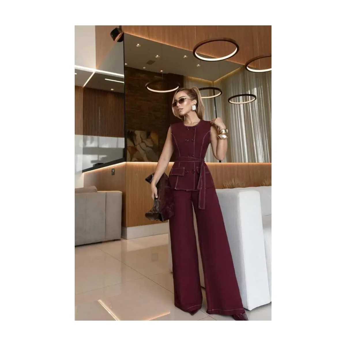 Conjunto Feminino Sensorial Marrante – Calça Pantalona + Blusa Colete com Botões