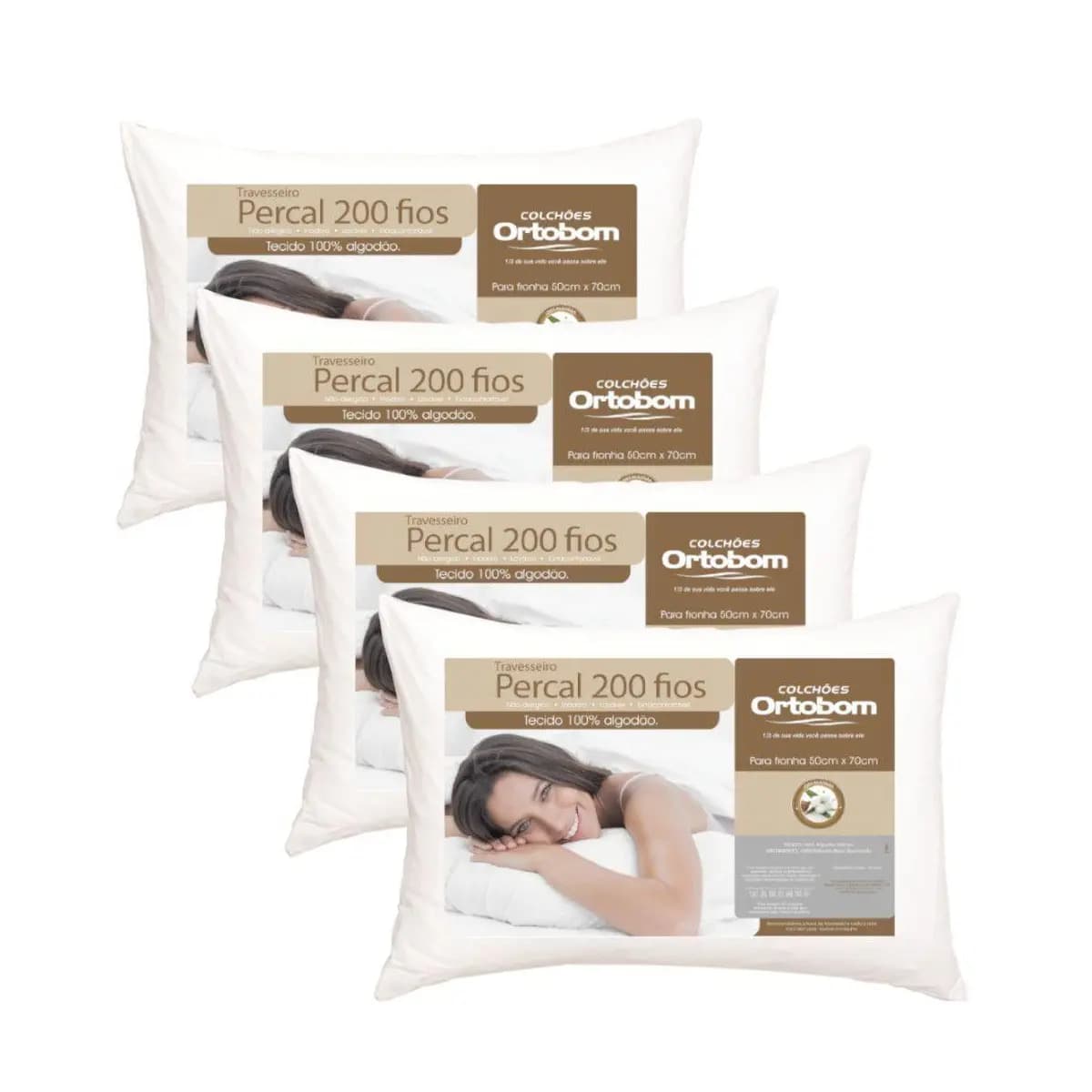 Kit Travesseiros Ortobom 200 Fios 50x70cm 100% Algodão Antialérgico Super Macio Perfil Alto
