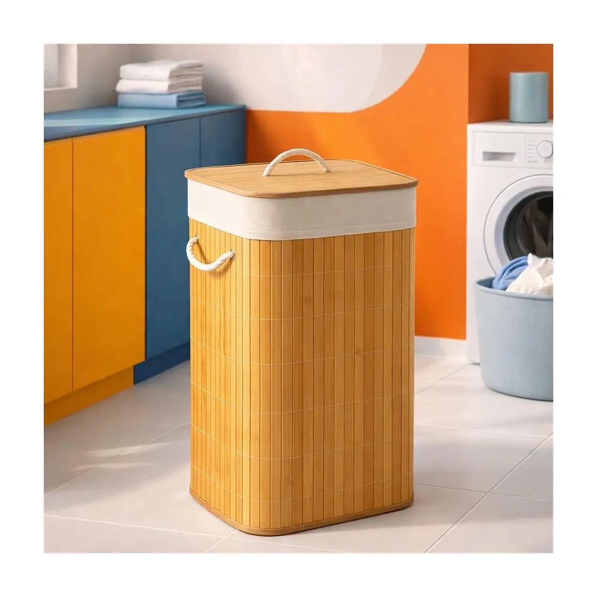 Cesto de Roupas em Bambu 60L com Tampa e Alças, Organizador Lavanderia Dobrável com Revestimento Interno Removível, Design Moderno para Banheiro Quarto Lavanderia Alta Capacidade e Durabilidade Prime