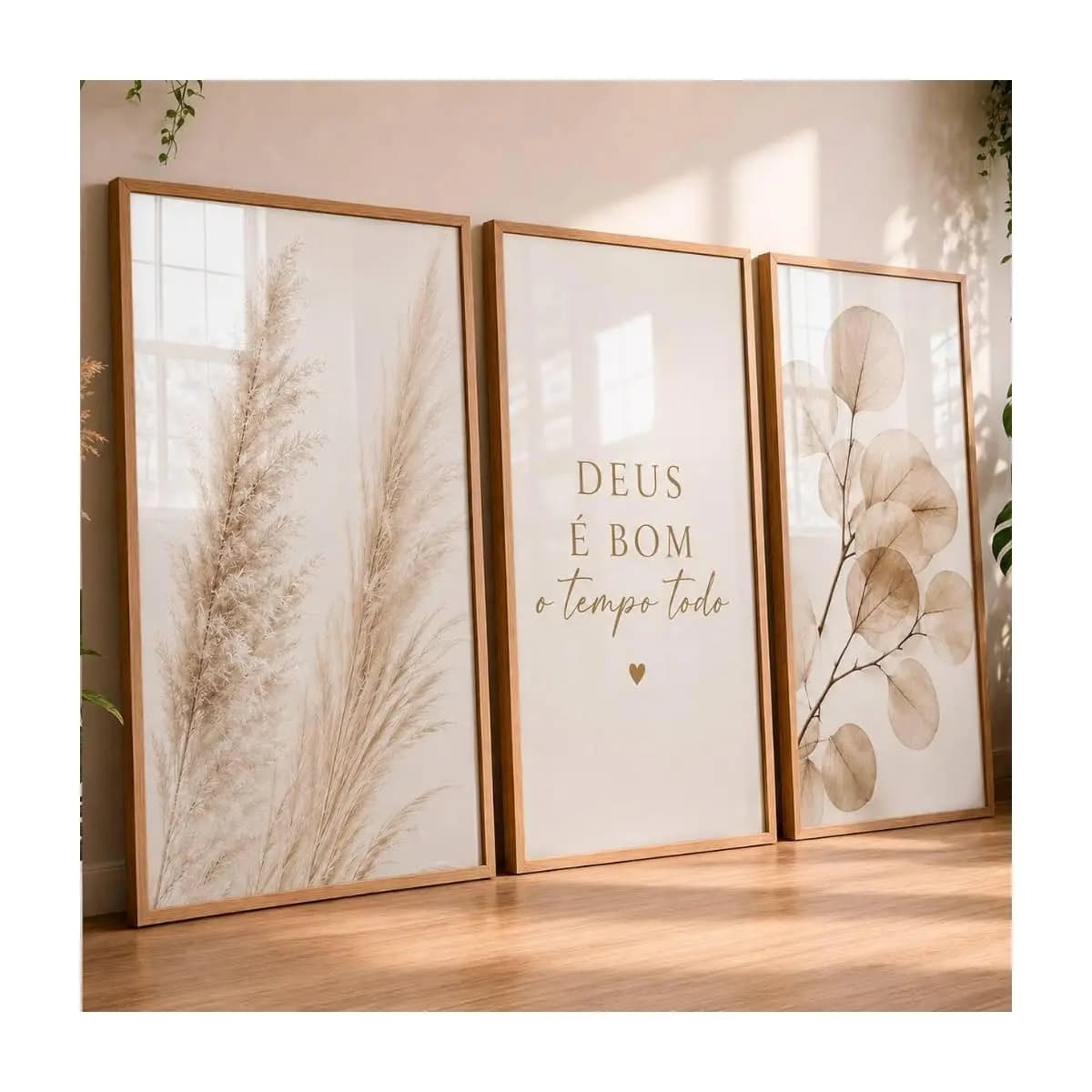 Quadro Decorativo Trio Flores Minamislista Clean Douradas Deus é Bom o Tempo Todo Para Sala Quarto 4K
