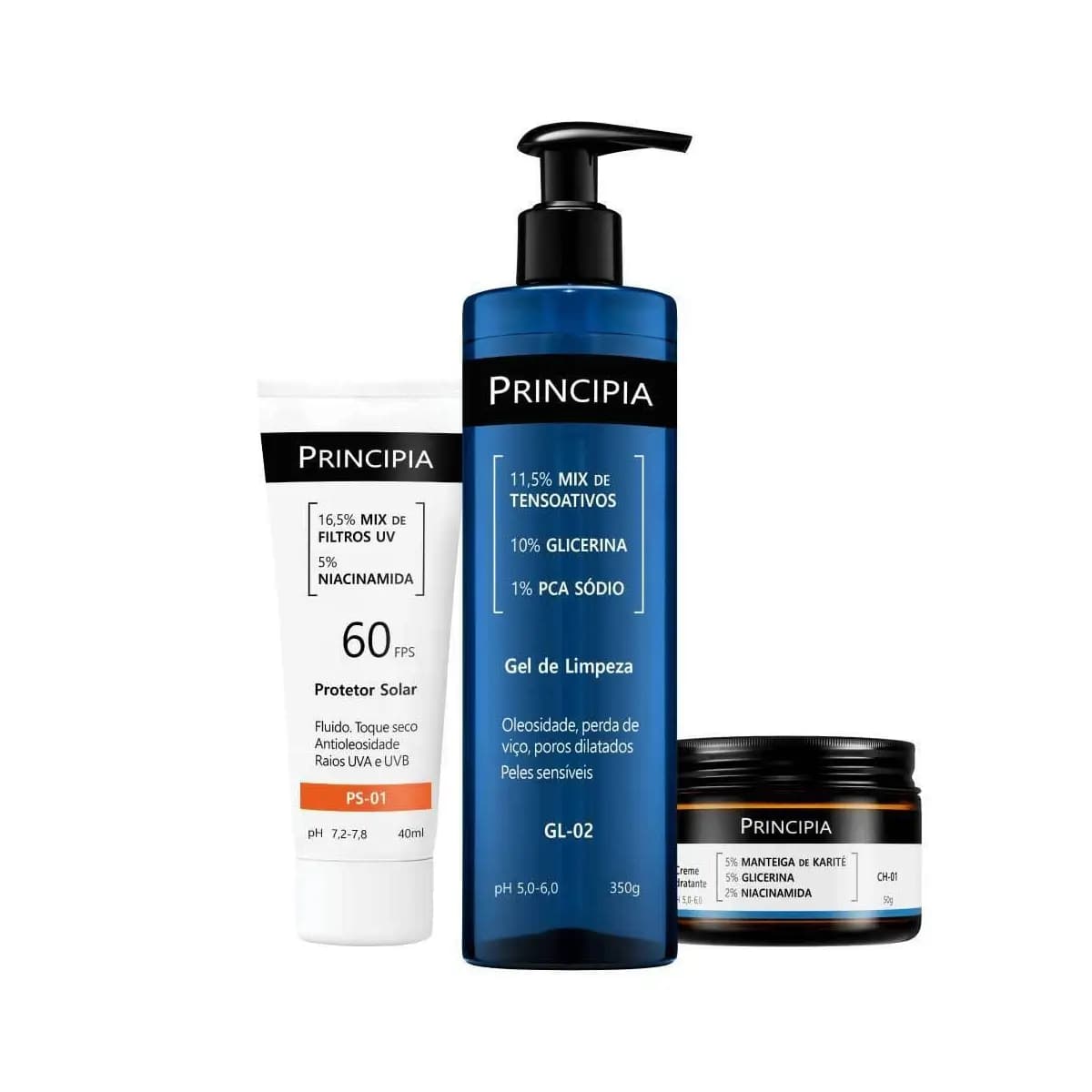 Principia Kit Completo Peles Sensíveis c/ Gel de Limpeza GL-02 + Creme Hidratante CH-01 + Protetor Solar PS-01 FPS 60
