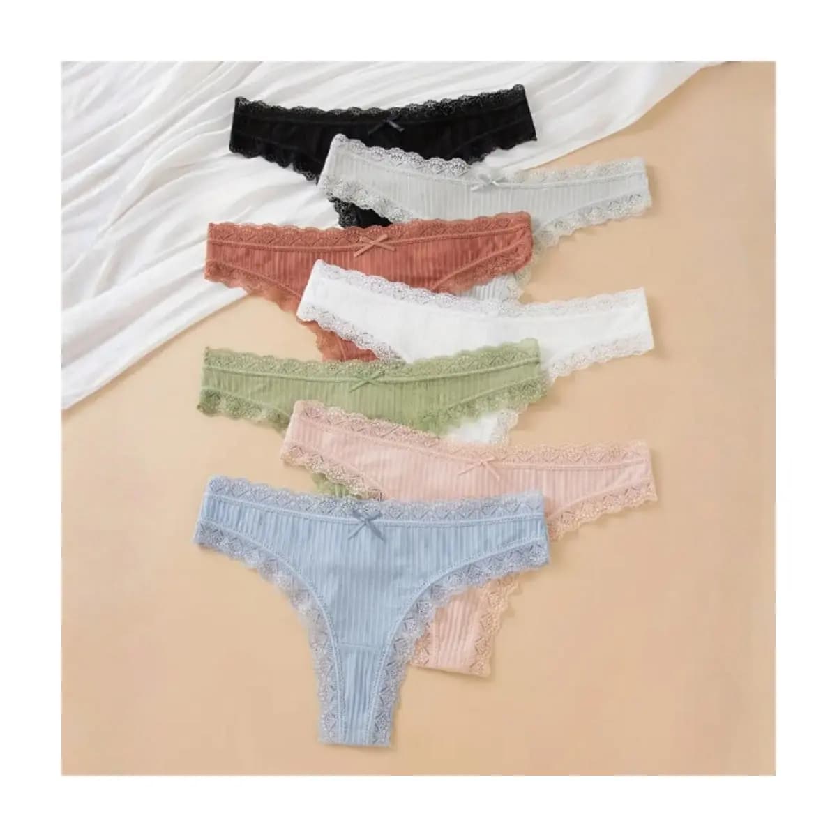 Kit 5 Calcinha de Algodão Feminina Lisa Fio Dental Canelada Calcinha de Algodão com Renda e Laço