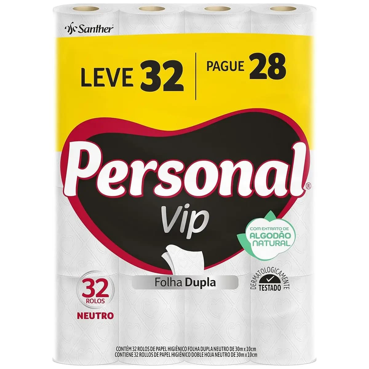Personal Papel Higiênico VIP Folha Dupla Leve 32 Pague 28 rolos 30M