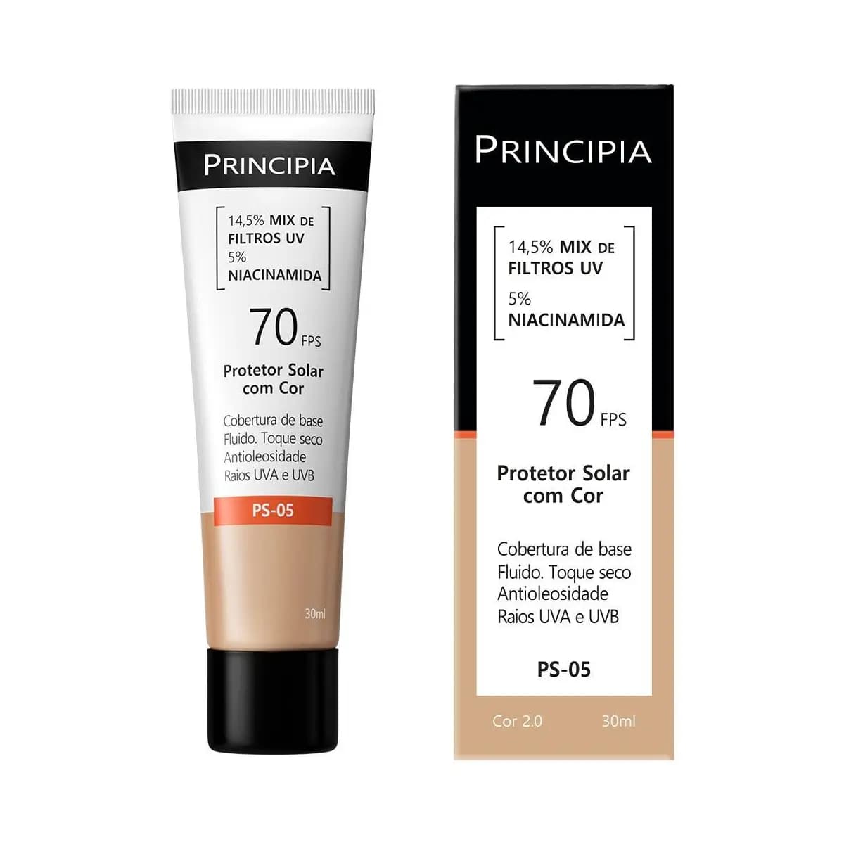 Principia Protetor Solar PS-05 Cor 2.0 c/ 14,5% Mix de Filtros UV + 5% Niacinamida FPS 70 - 30ml