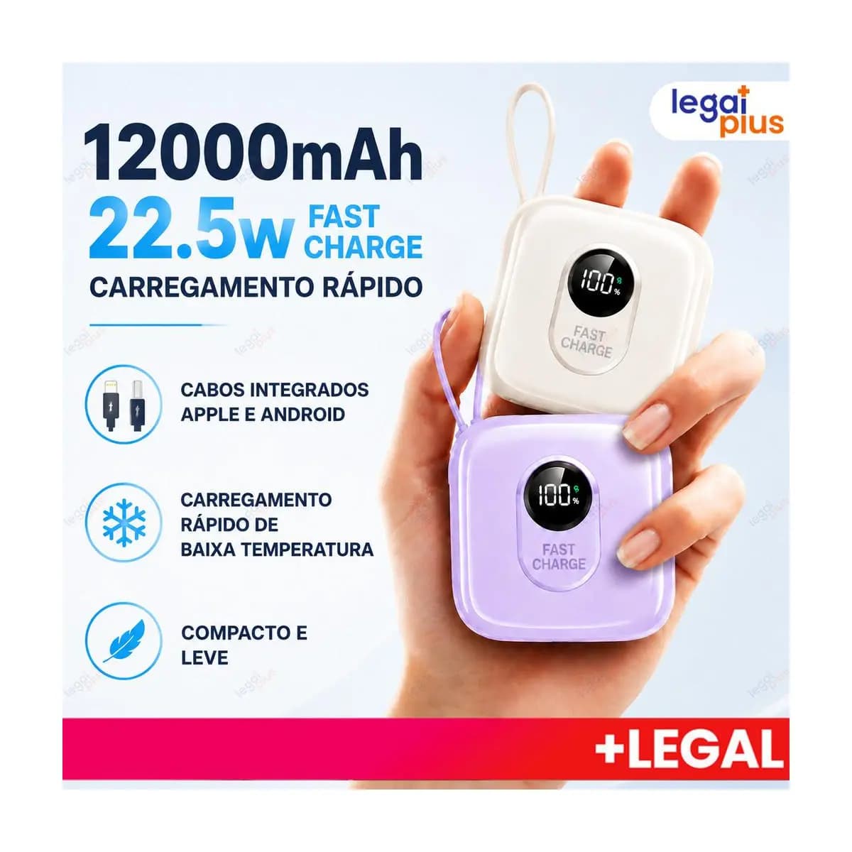 Carregador Portátil 12000mAh LED com Cabos Integrados, Compacto, Carga Rápida, Compatível com iPhone e Android