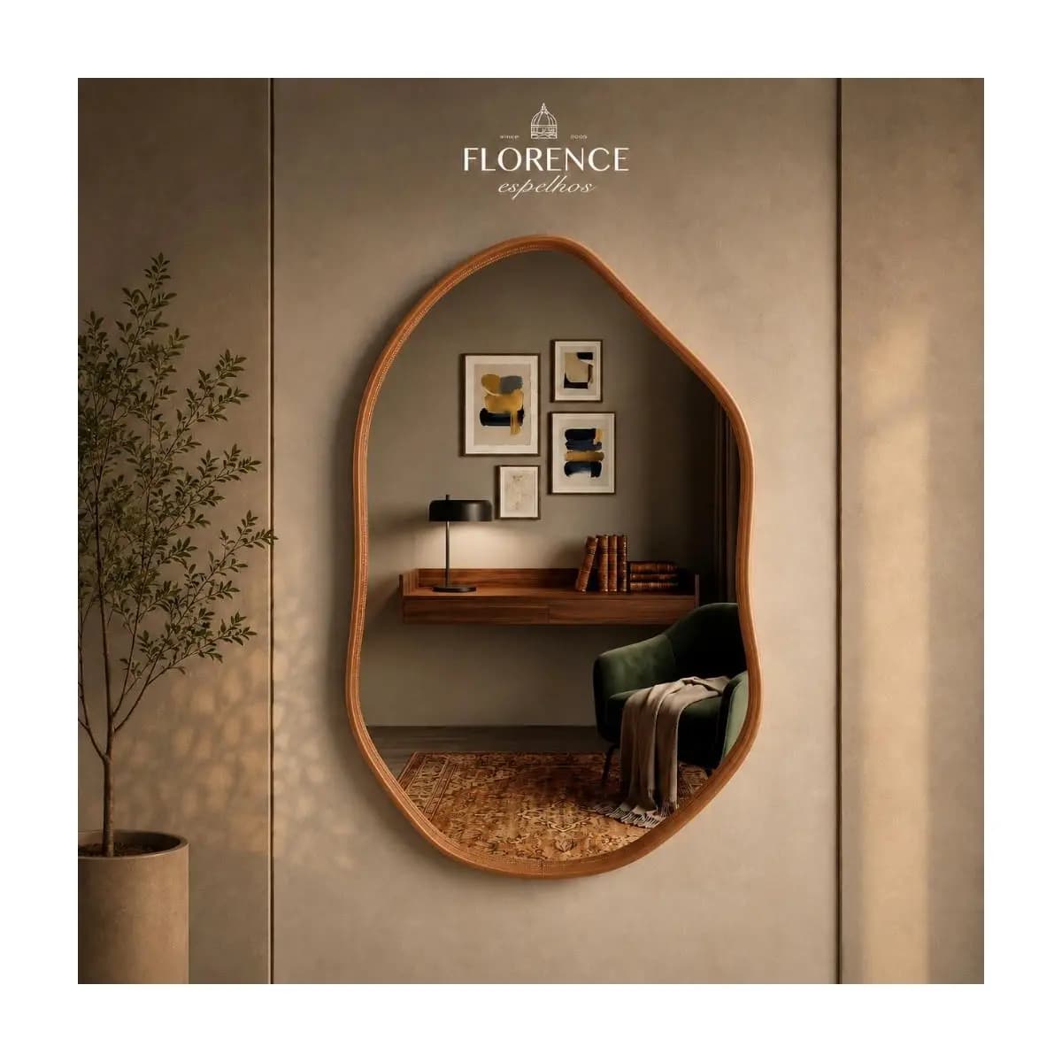 Espelho Roma 70x50 Orgânico com Moldura em Couro Luxo