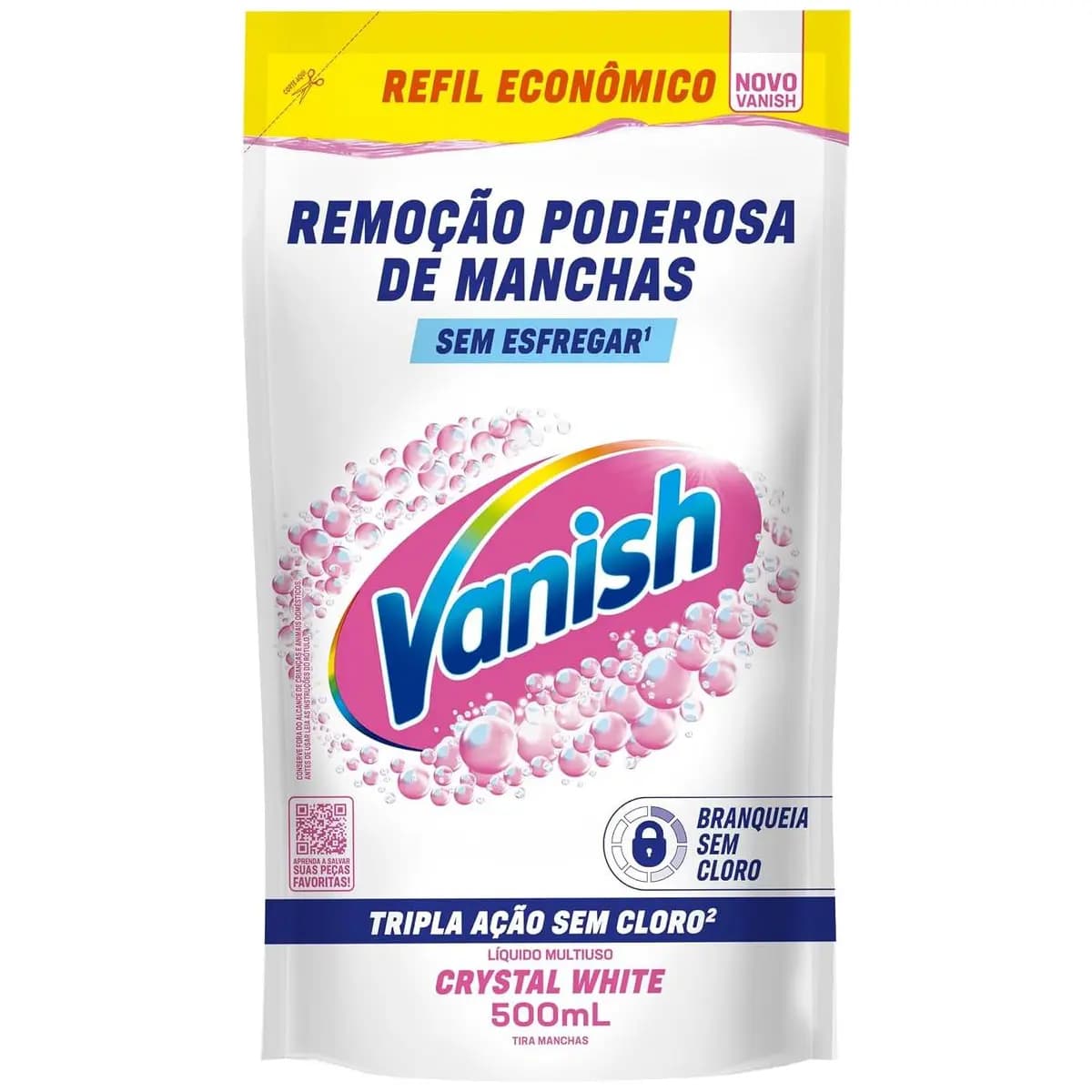 Tira Manchas Líquido Vanish White refil 500ml para Roupas Brancas. Sem Cloro, remove manchas sem danificar os tecidos e deixa o branco até 5 tons mais branco. Confie em Vanish.