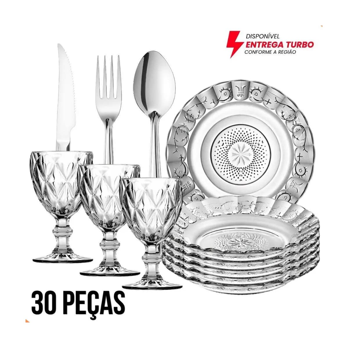 Jogo Mesa Posta 30 Peças 6 Pratos + 6 Taças 340ml + 18 Talheres Inox Luxo Elegante Mesa Posta Completa