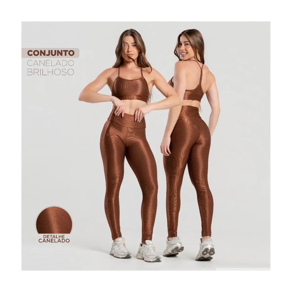 Conjunto Fitness Feminino Trilobal Canelado–Top Alcinha+Legging Cós Alto Modelador Brilhoso Academia
