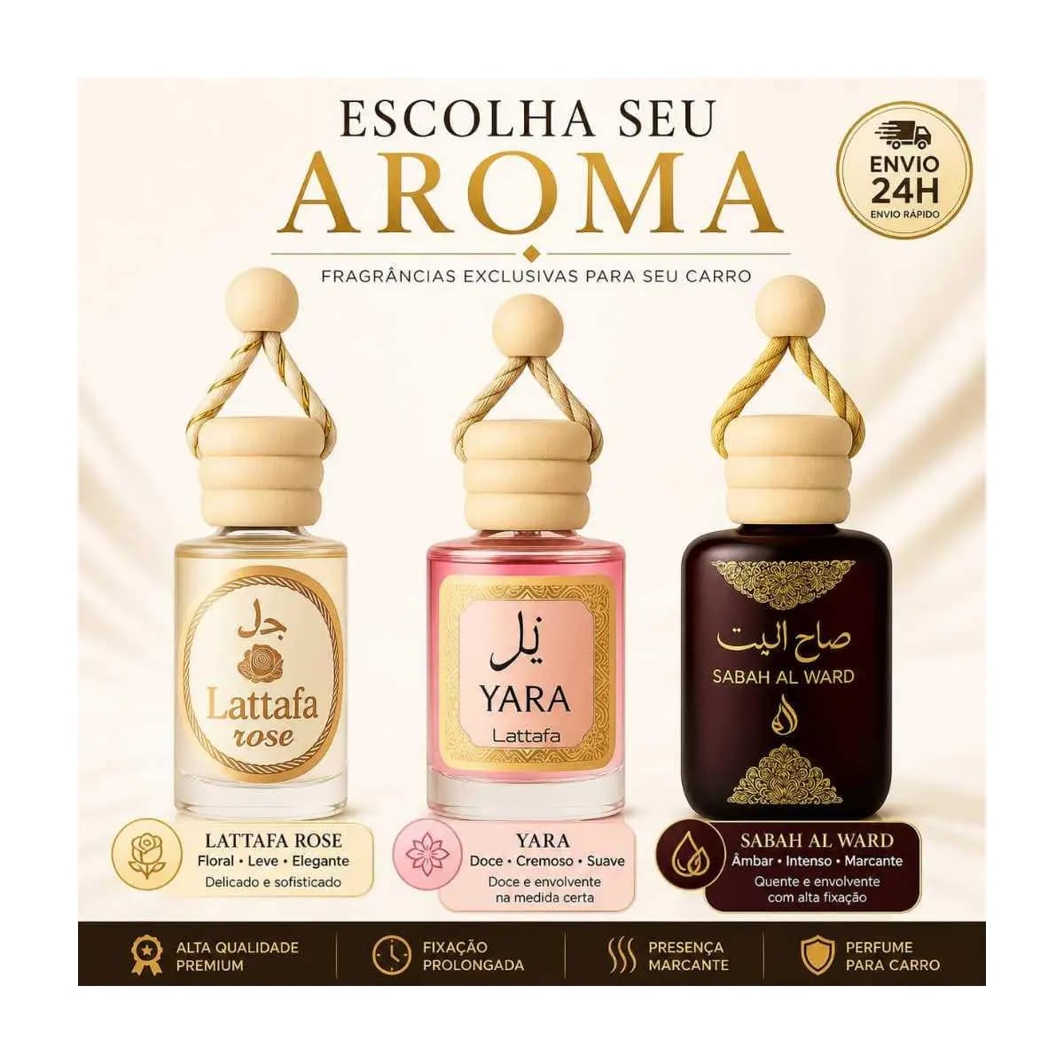 Kit 3 Cheirinho Árabe 10ml para Carro – Aromatizante Automotivo de Pendurar | Escolha sua Fragrância