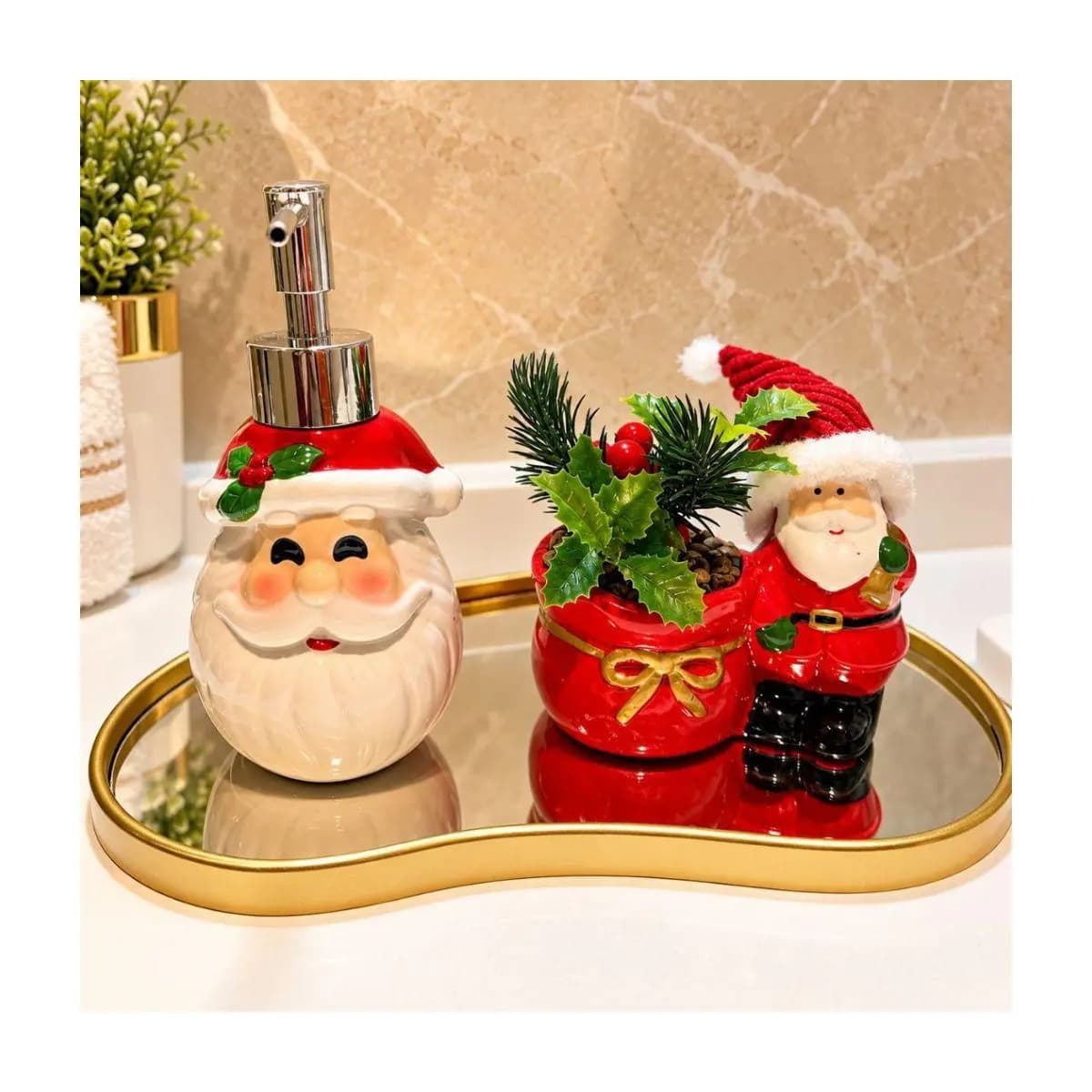 Decoração Natalina Cachepot com Cerejinha Saboneteira Neve Artificial Presente Papai Noel