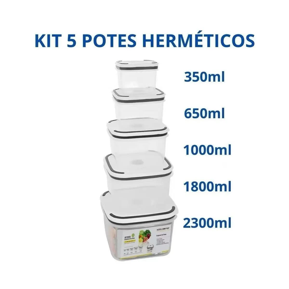 Kit De 5 Potes Herméticos Plastico Para Mantimentos Micro-ondas Alimentos Geladeira Frutas Marmita