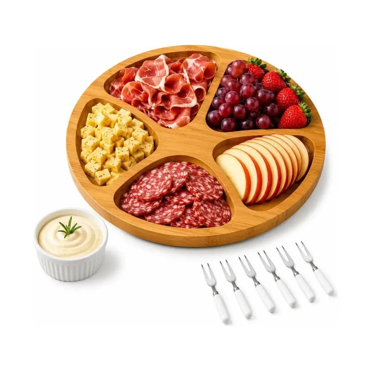 Kit Petisqueira Redonda com 5 Divisórias, Molheira Ramekin e 6 Garfinhos para Servir Frios, Queijos, Petiscos e Molhos