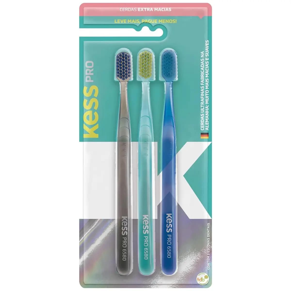 Kess, Pack com 3 Escovas Dentais Pro Extra Macias, Cores Sortidas