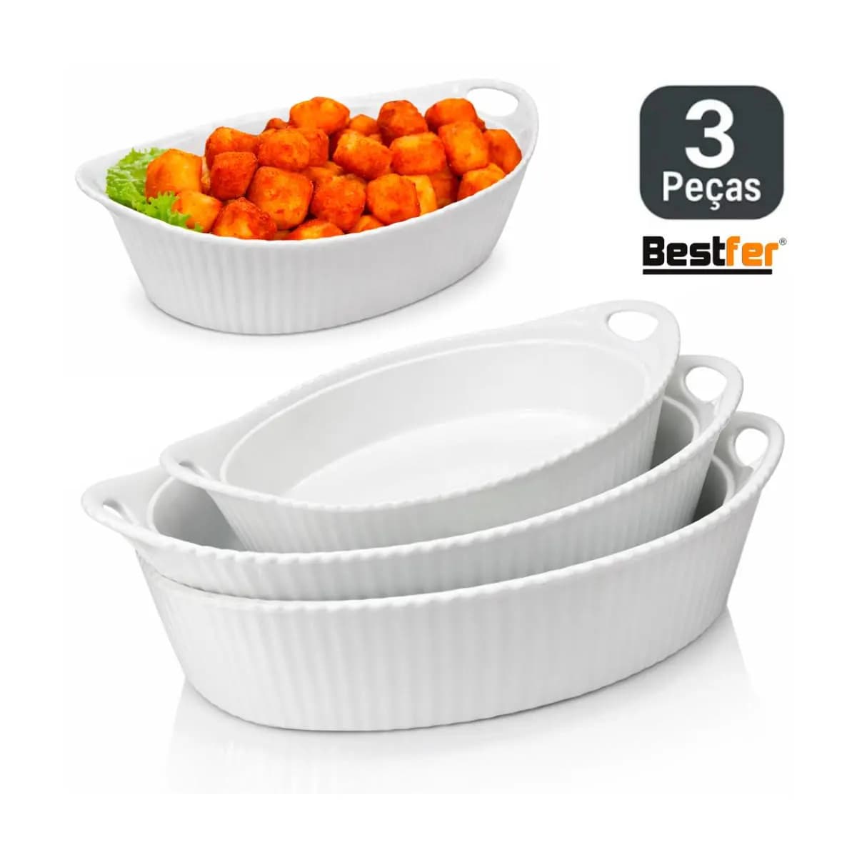 Conjunto Jogo de Assadeiras 3 peças Travessas Oval em Melanina Bestfer PMG Branca opaline