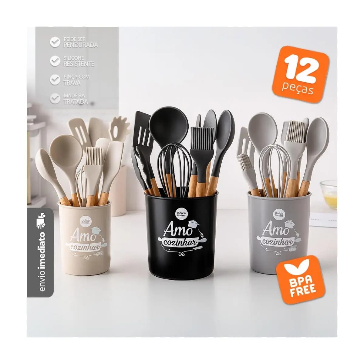 Jogo 12 Peças Utensílios Silicone Cabo Madeira Fouet Pegador - Bhz Store