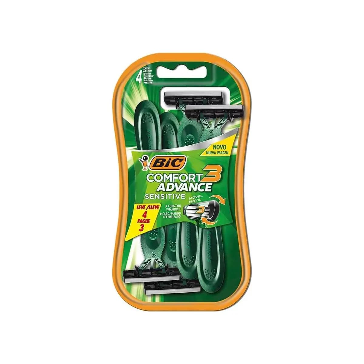 BIC Aparelho De Barbear Comfort 3 Advance Pele Sensível Verde C/ Fita Lubrificante 9298501 Embalagem Leve 4 Pague 3