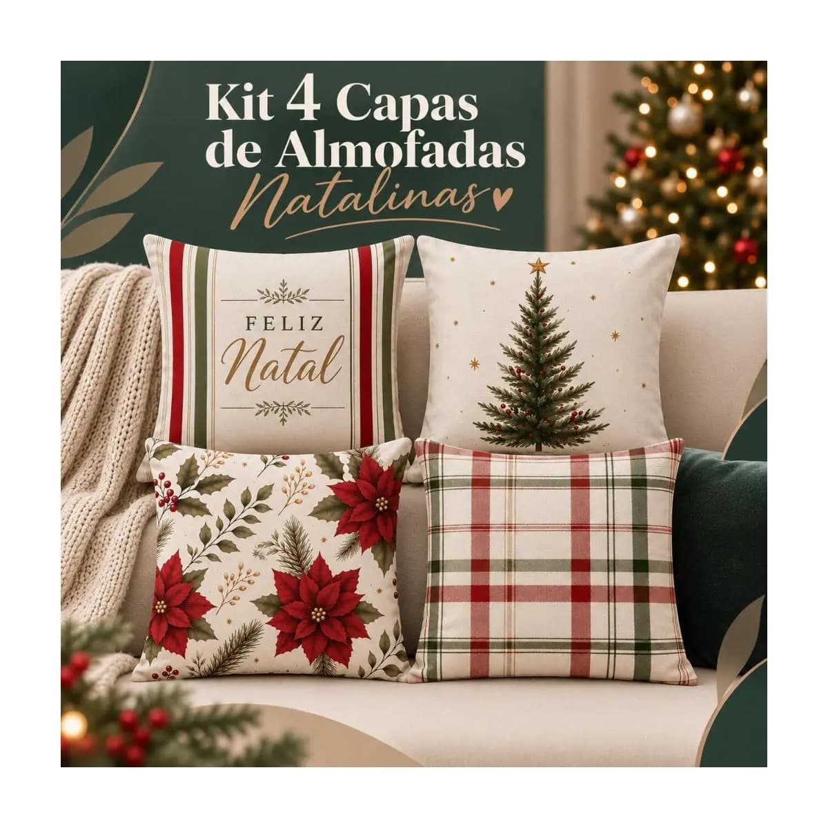 Kit 4 Capas de Almofada Natalinas 43x43 Estampadas Xadrez – Decoração de Natal