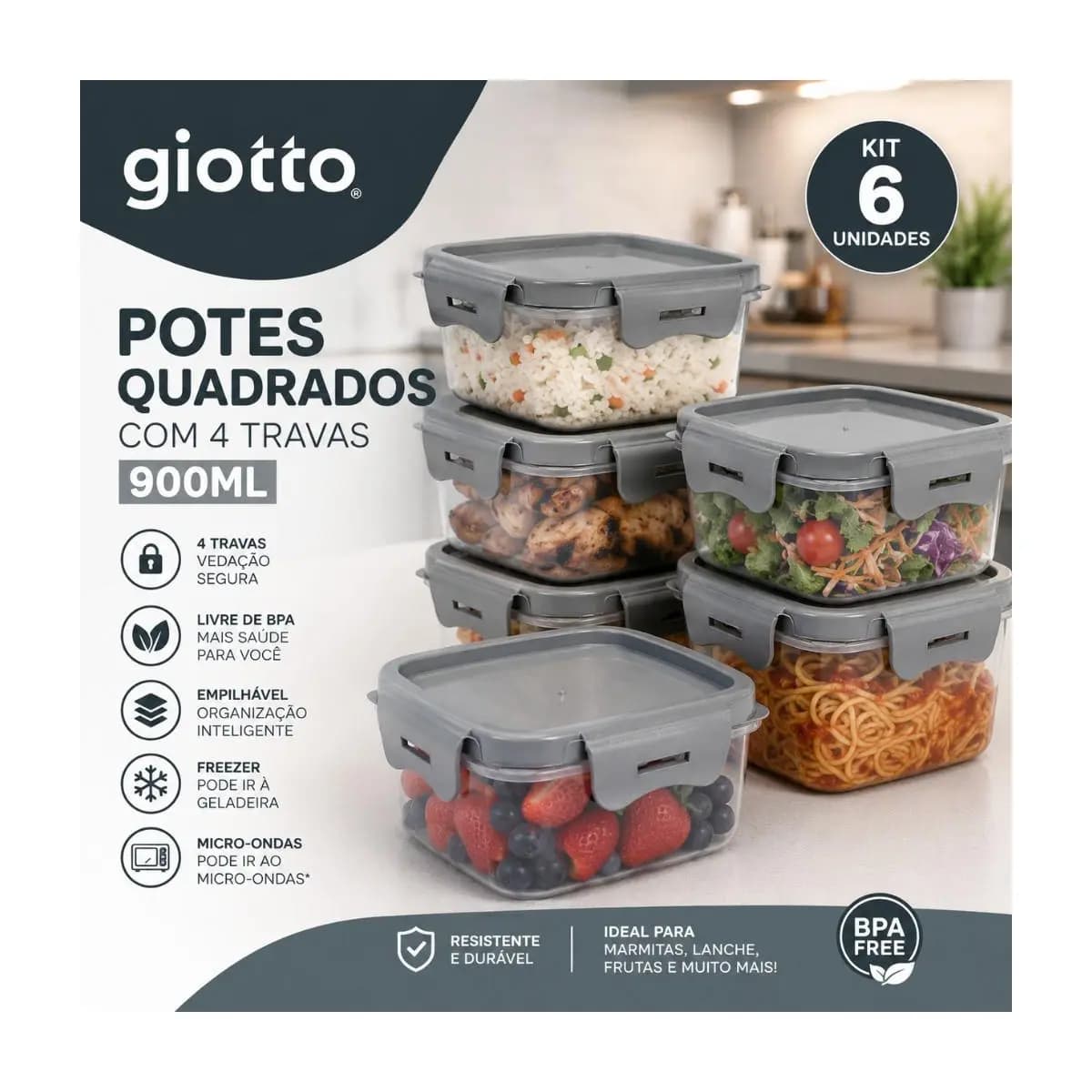 Kit 6 Potes 900ml Cinza com 4 Travas Vedação Segura para Alimentos Hermético Marmita Fitness Giotto