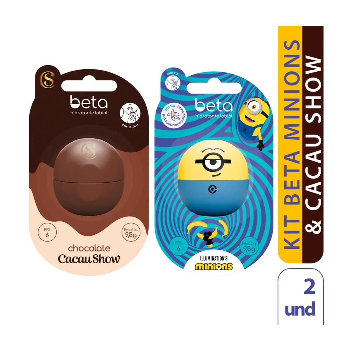 Kit 2 Hidratantes Labiais Beta – Edição Especial Cacau Show e Minions (FPS 6)