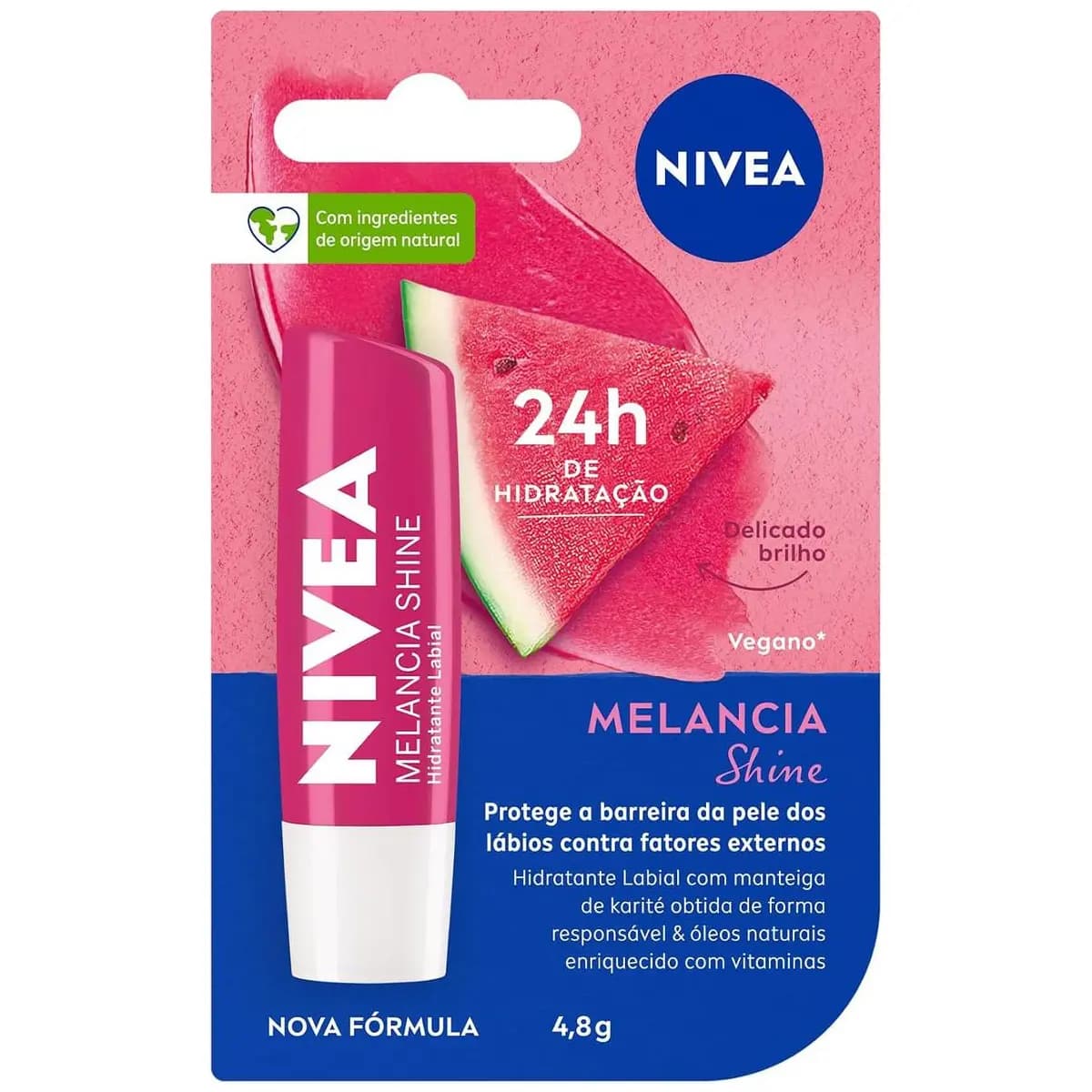 NIVEA Hidratante Labial Melancia Shine 4,8g, Hidratação Intensa 24h, Cor Suave, Brilho Delicado, Cuidado Diário, Manteiga de Karité