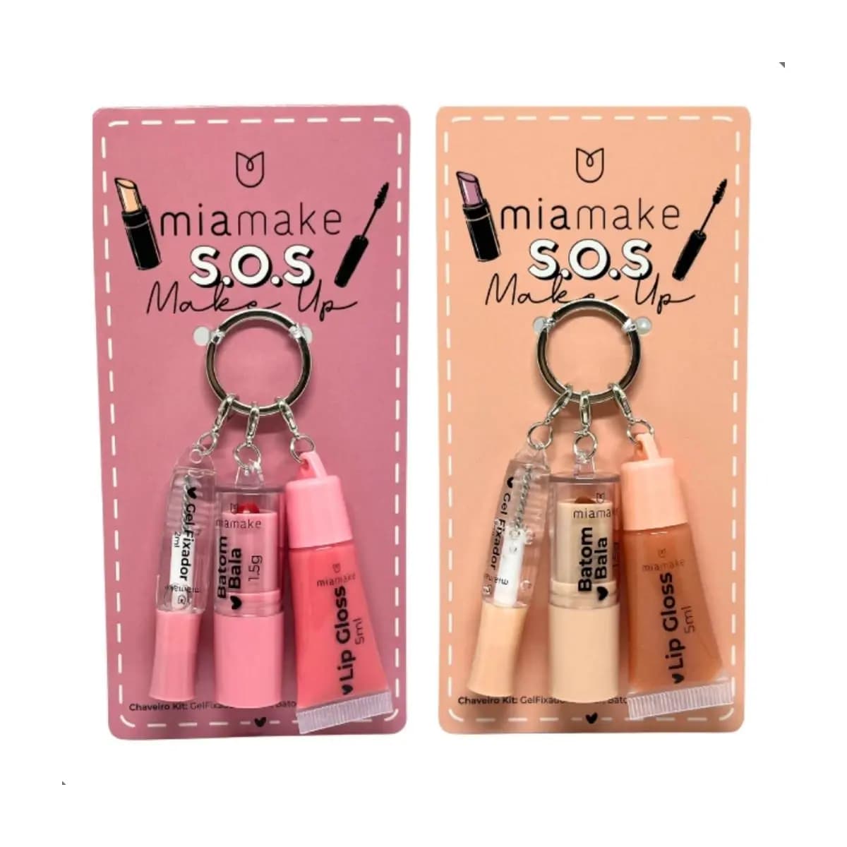 Kit Chaveiro 3 em 1 Mia Make SOS Make Up – Gloss, Batom, Gel Sobrancelha Portátil Compacto