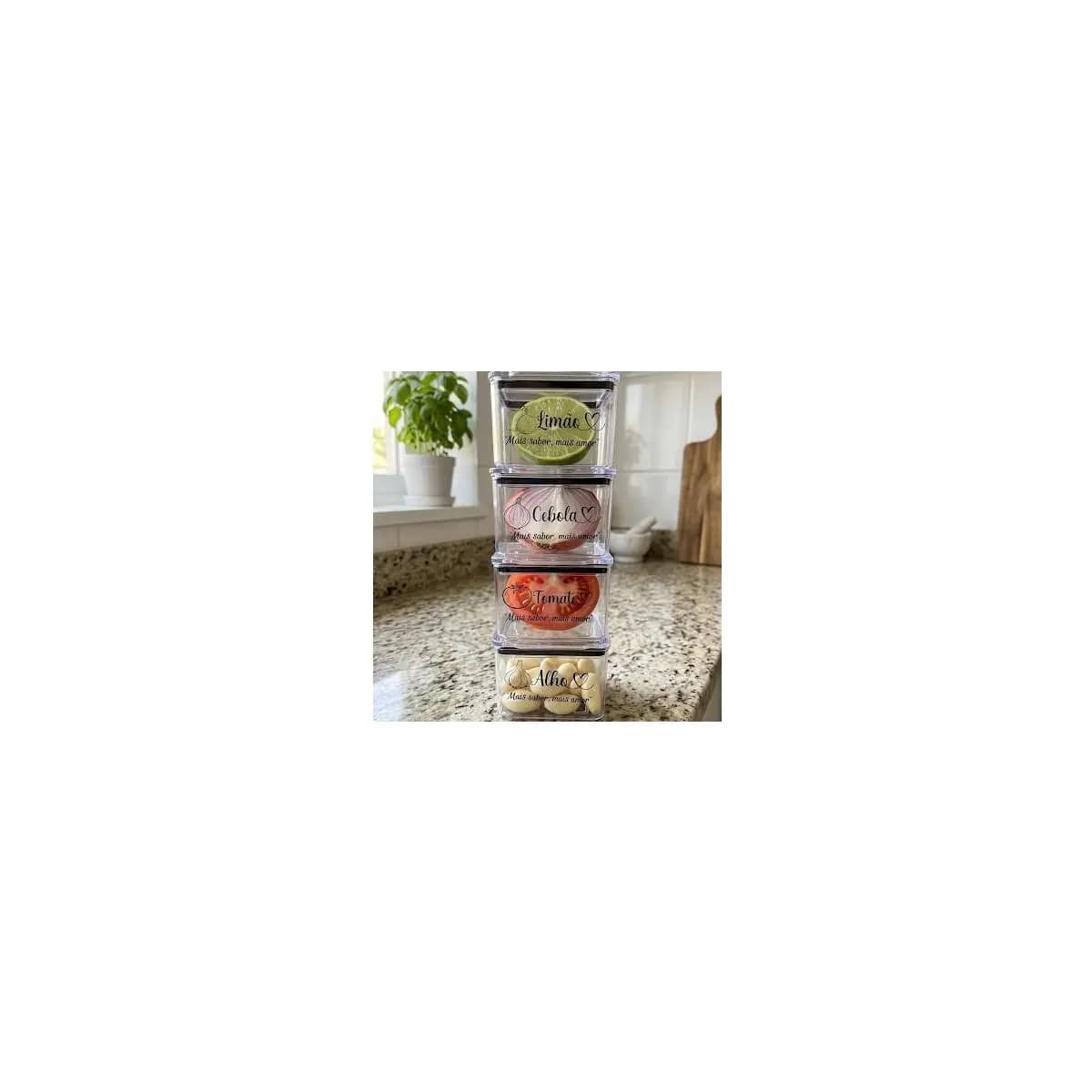 kIT 4 Potes 480ml Porta Tempero Com Adesivo Limão Cebola Tomate Alho Organizadores Herméticos Acrilico Geladeira Cozinha
