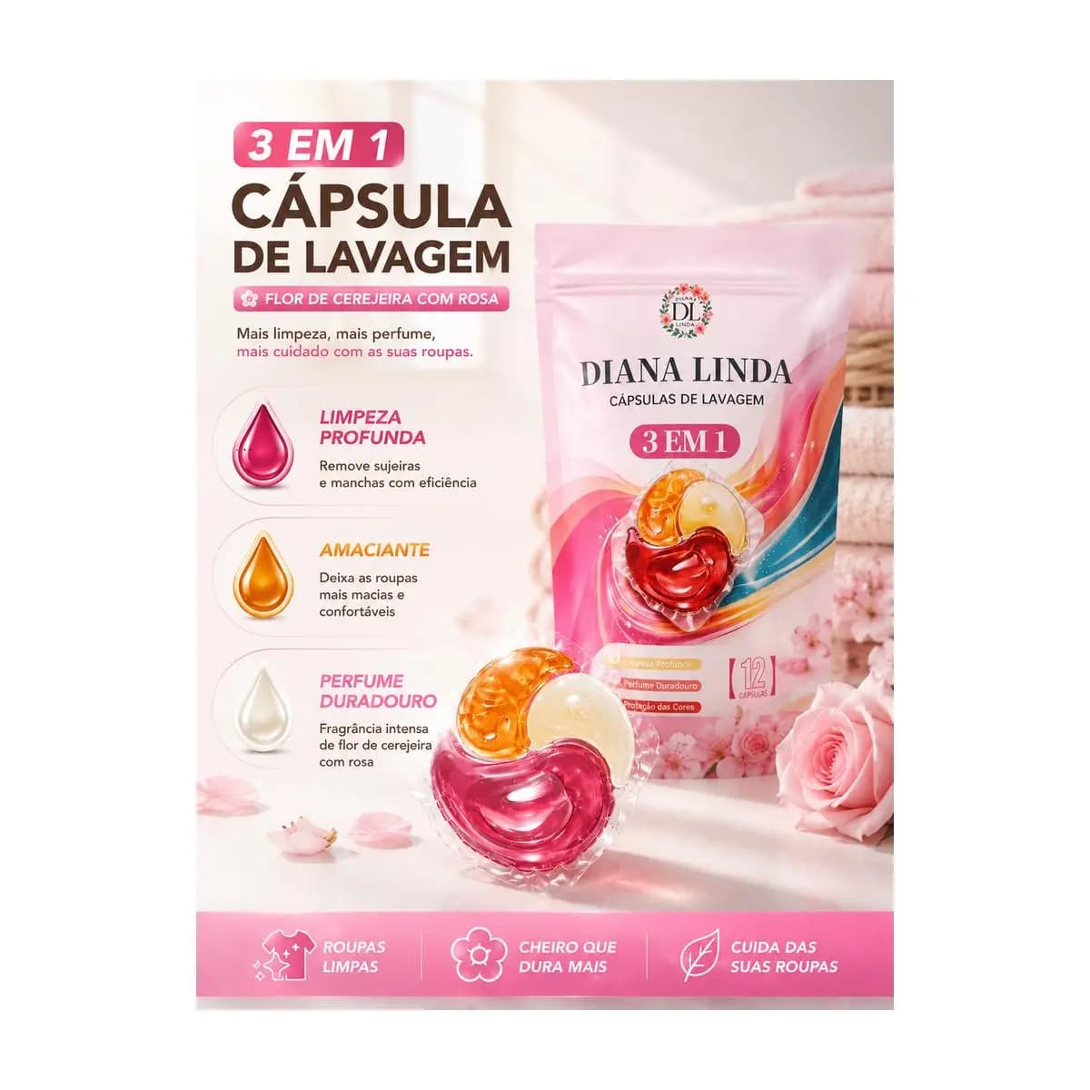 Lava Roupas em Cápsula 12 Unid – 3em1 Limpeza Profunda, Tira Manchas e Perfuma