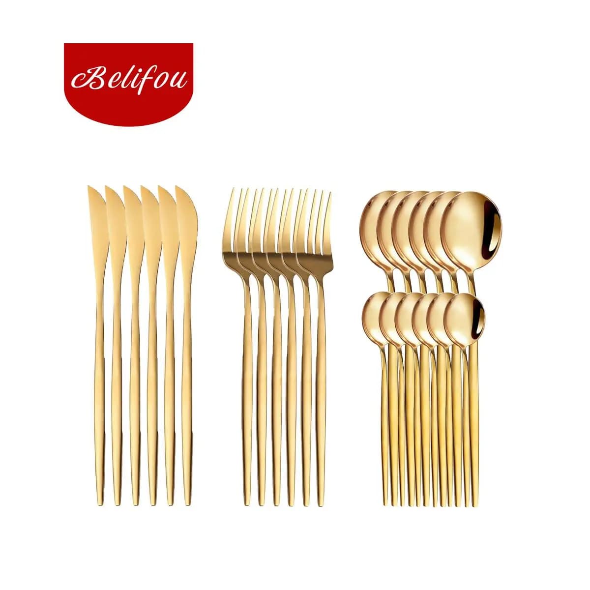 Belifou Kit 24 Jogo De Talheres Inoxidável Suprimentos Cozinha Talheres Dourados Talheres