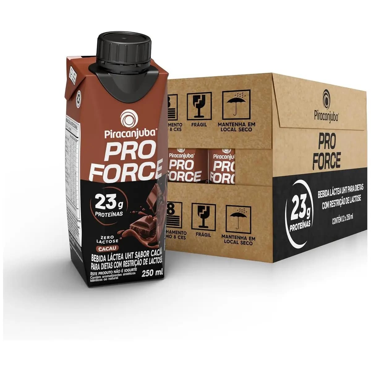 Piracanjuba ProForce Bebida Proteica Líquida Sabor Cacau Zero Lactose 23g Proteínas, Caixa 250ml – Pack com 12 Unidades