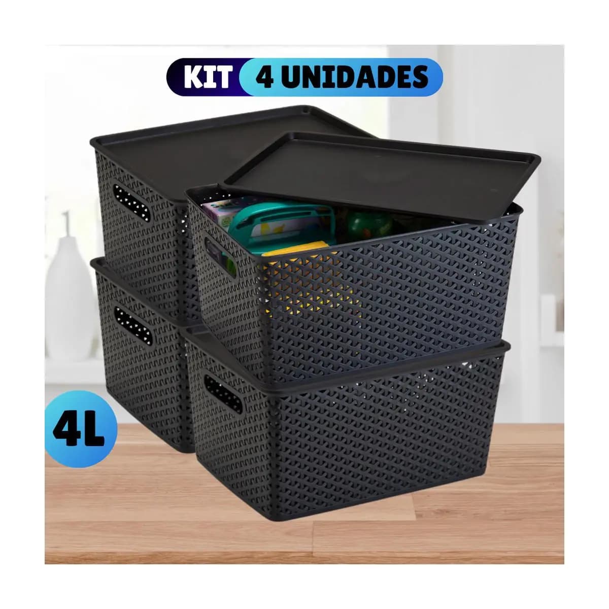 Kit Com 4 Cesto Caixa Organizadora Rattan Com Tampa 4 Litros Preto