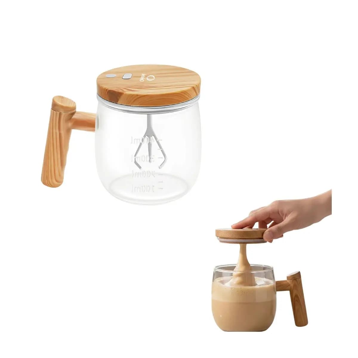 Copo Misturador Automático Elétrico 400ML Vidro Saudável Design Madeira/Nórdico (Estilo Ins
