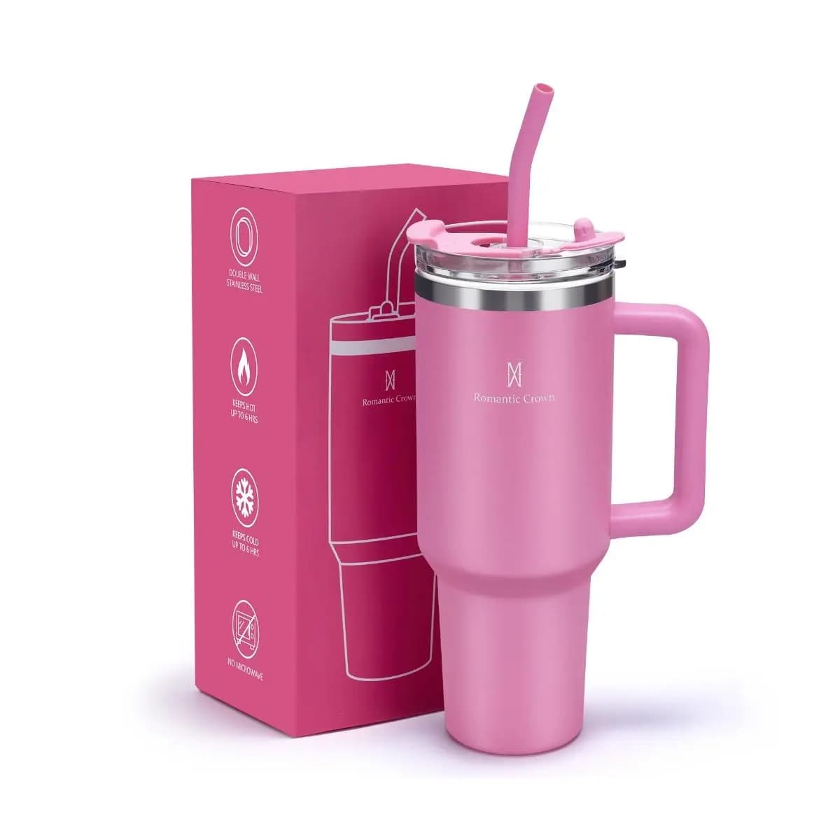 ROMANTIC CROWN Copo Térmico Inox Portátil 1200ml/600ml com Tampa e Canudo Garrafa Térmica Inoxidável